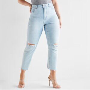 EXPRESS Cropped Super High Rise MOM Jean Distressed Light Wash Jeans SZ 10